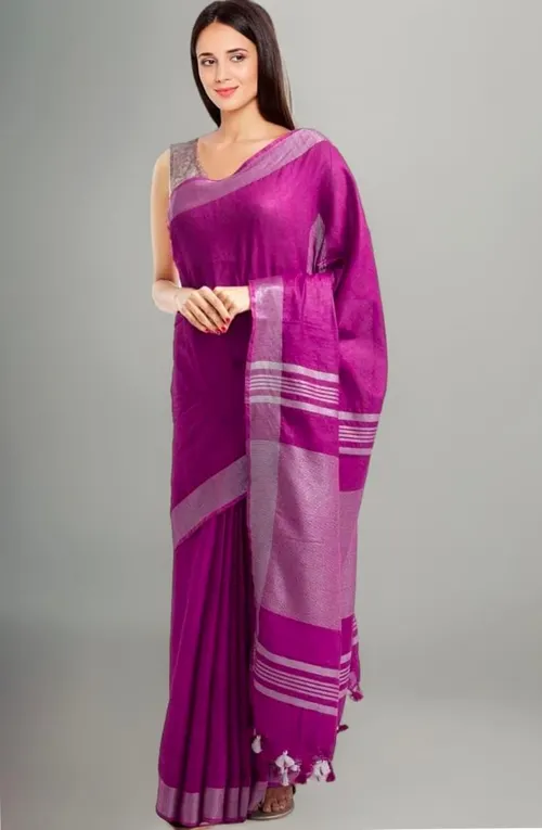 Vibrant Magenta Linen-Cotton Saree with Silver Zari Border